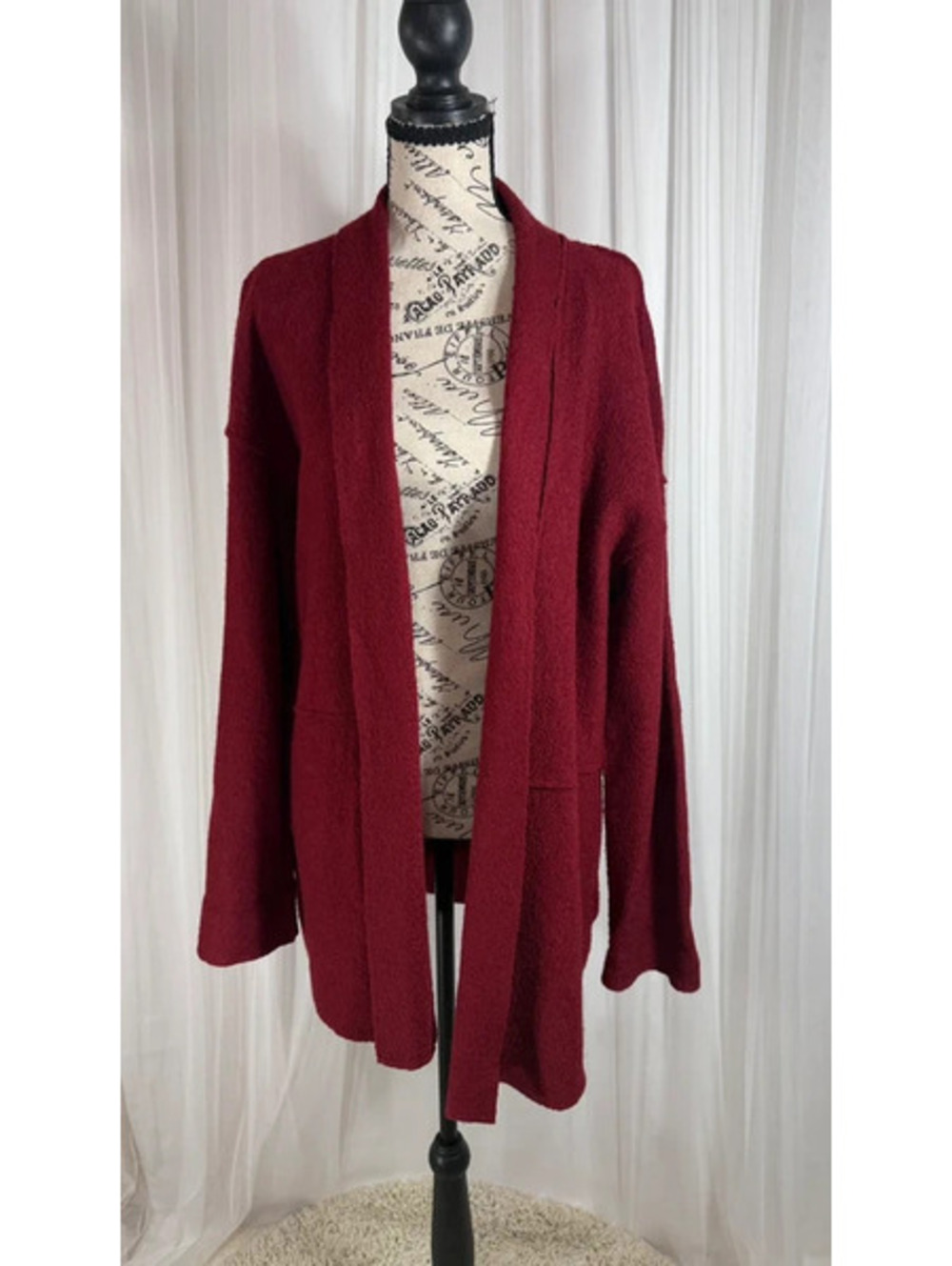 Tahari Wine Red Wool Blend Open Front Cardigan Medium Boiled Wool Coatigan